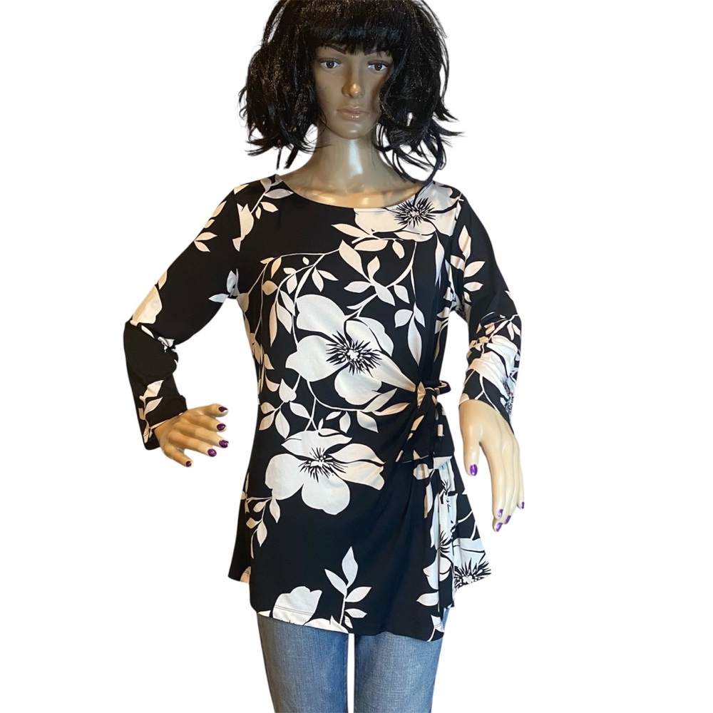 Liz Claiborne Career Floral 3/4 Sleeve Side-Tie Knot Shirt Blouse Top Small EUC